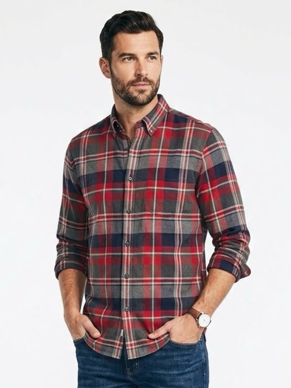 NAUTICA Plaid Button Down Casual Cotton Shirt L Large Red Charcoal Gray $75 EUC
